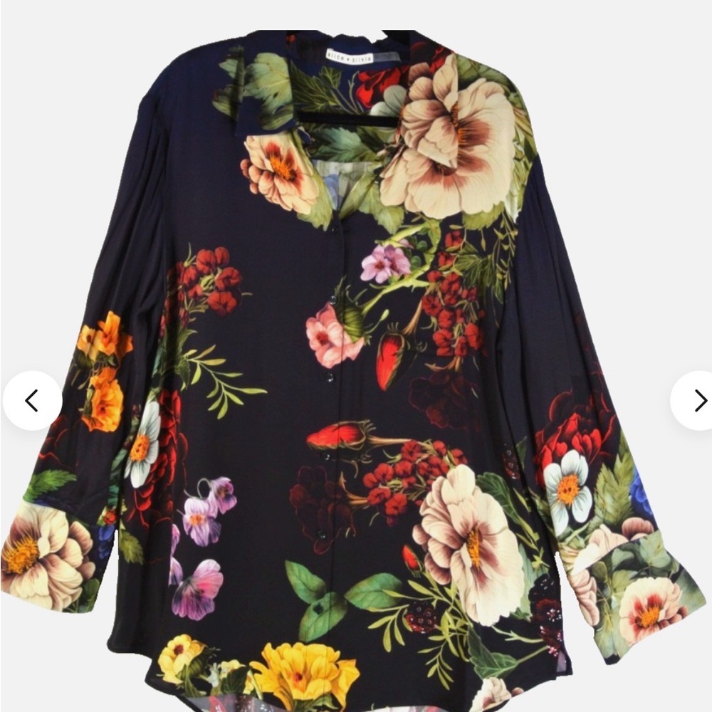 Alice + Olivia Navy Black Floral Button-Front Blouse